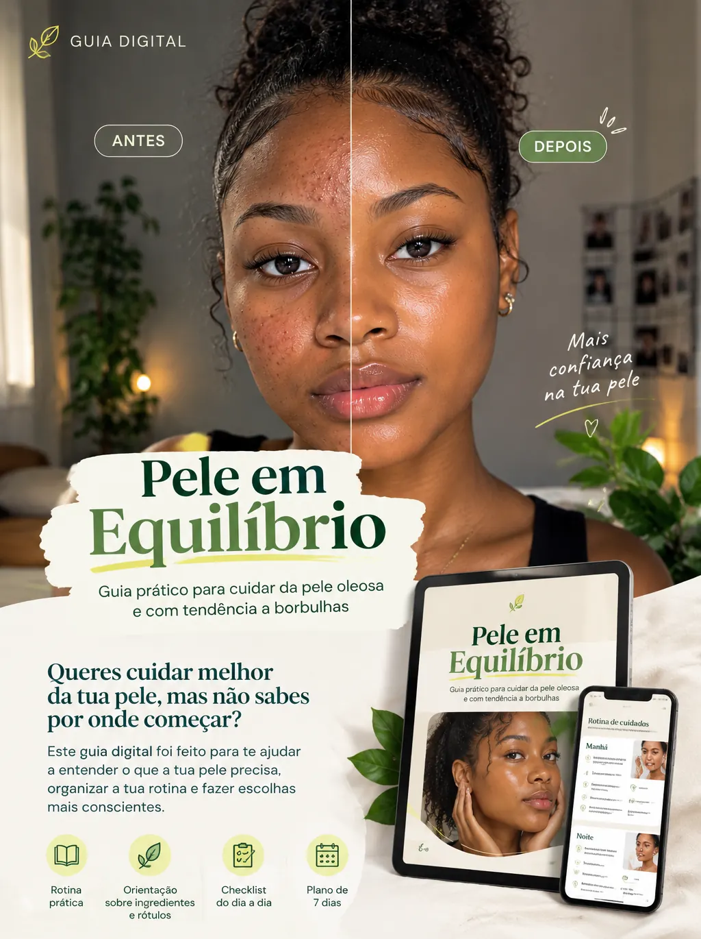Apresentação visual do guia digital Pele em Equilíbrio em tablet e celular