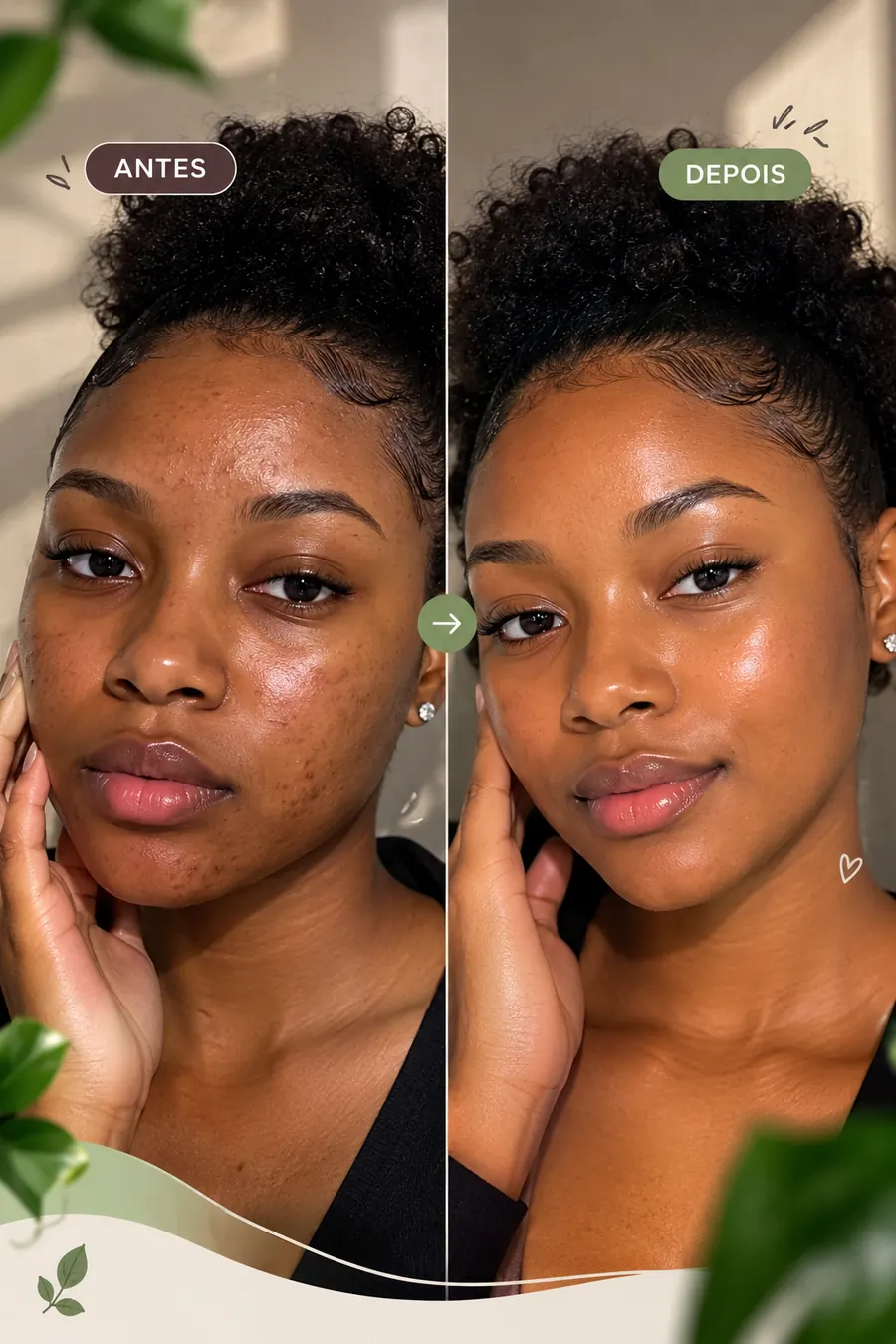 Imagem ilustrativa de antes e depois dos cuidados com a pele